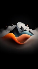 Poster - Moody abstract landscape with a deep dark background and a mesmerizing wave like pattern created by pastel dots and flowing lines undulating across a mountainous silhouette