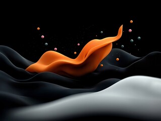Poster - Mesmerizing Moody Abstract Landscape with Captivating Pastel Wave Formation   A digital 3D rendering showcasing a midnight black backdrop and a sweeping