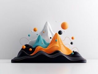 Poster - Stark abstract 3D rendering depicting a mountainous landscape impression with pastel colored dots and curving lines contouring the forms against a pure white backdrop creating a minimalist modern