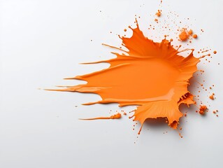 Poster - Captivating frozen snapshot of a dynamic orange liquid suspension vividly captured on a clean white background producing a visually striking abstract photograph with bold vibrant hues and fluid