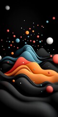 Poster - Moody dark abstract background with pastel colored dots undulating lines and wave patterned mountain design