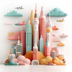 Wall Mural - Vibrant and colorful pastel toned cityscape featuring towering 3D skyscrapers and dynamic geometric patterns set against a clean white backdrop for a futuristic imaginative and conceptual design