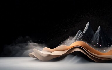 Poster - Dramatic abstract landscape with a deep black backdrop and a captivating wave pattern formed by pastel dots and sinuous lines sweeping across a mountainous silhouette