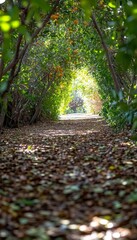 Poster - Jungle Path, Serene Nature Walkway, Tropical Forest Trail Covered with Brown Fallen Leaves