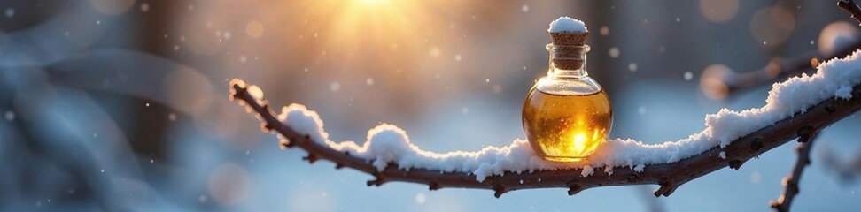 Wall Mural - Tiny golden bottle resting on a snowy branch in the soft morning light, branch, peaceful, delicate