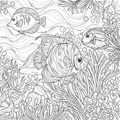 Wall Mural - Fish in the ocean among corals.Coloring book antistress for children and adults.