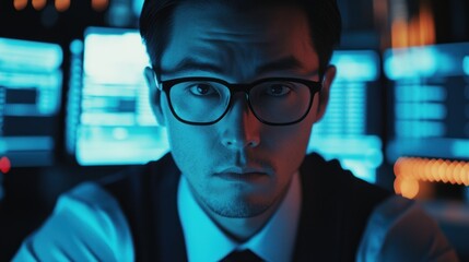 Poster - Focused Programmer, Night Shift, Blue Light, Concentrated Coder,  Intense Gaze, Data Analyst,  Digital World, Screen Glow, Cyber Security Expert