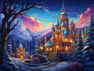 Wonderful Fantasy landscape with castle in the forest at night