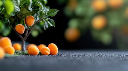 Wall Mural - Small tree with ripe orange fruits on textured ground