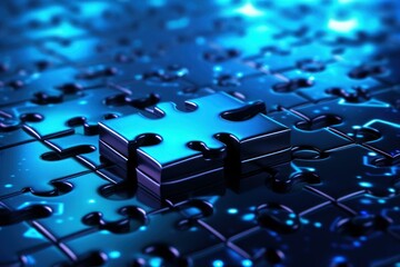 Poster - Shiny metallic puzzle pieces forming a solution in dark blue futuristic light