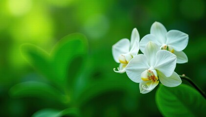 Delicate white orchid blooms against lush green foliage, green, flora