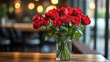 Poster - A vibrant bouquet of red roses sits elegantly in a glass vase, beautifully arranged on a wooden table, perfect for celebrating love during Valentine's Day in a warm, intimate venue.
