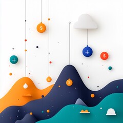 Poster - Vibrant abstract 3D data visualization depicting financial growth and business prosperity in a stylized minimalist digital landscape with geometric mountains sky and sun