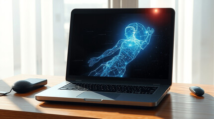 Wall Mural - Laptop displaying a futuristic, glowing human form.  A modern workspace with sunlight streaming in.