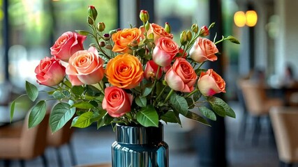 Poster - A vibrant arrangement of pink and orange roses is placed in a stylish vase on a table. This lovely setting is perfect for Valentine's Day, adding warmth and beauty to the festive atmosphere.