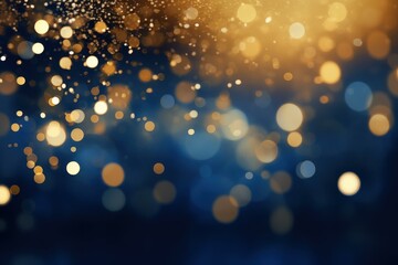 Poster - Golden particles falling and creating a beautiful bokeh effect on a deep blue background, ideal for festive occasions