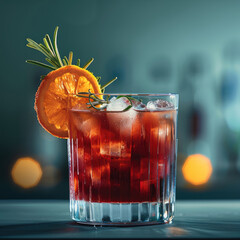 Poster - Red cocktail with orange peel and rosemary sprig garnish in a short stemless glass, against a teal backdrop.