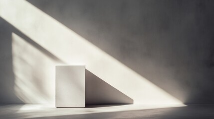 Canvas Print - Minimalist white box on sunlit grey concrete background.