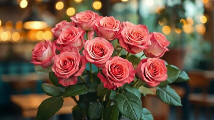 Poster - A beautiful arrangement of pink roses sits gracefully on a table, surrounded by an ambient atmosphere perfect for Valentine's Day.