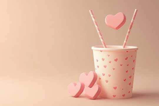 Cute Valentine's Day-themed in a cup with hearts, simple background, 3D illustration style, 2D flat design