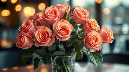 Poster - A stunning arrangement of soft pink roses sits elegantly in a glass vase, perfect for Valentine's Day. The background features a warm and inviting atmosphere, adding to the romantic vibe.
