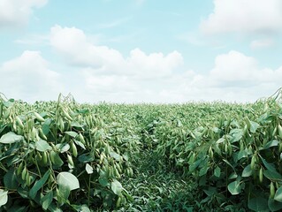 Soybean field, sunny day, agriculture, rural landscape, plant growth, food production, summer, farming