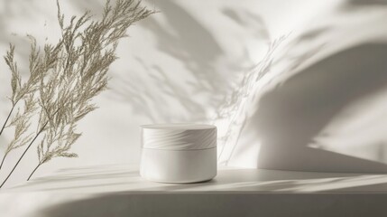 Canvas Print - White jar of cream on white surface with pampas grass and shadows.