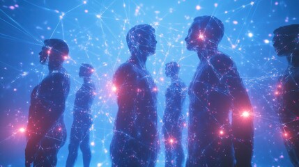 Poster - a network of people connected to each other with glowing lights on them and a blue background