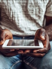 Poster - Selective focus. Close up of black man's hands holding digital tablet with reflective touchscreen surface, using high-speed Internet connection while relaxing at the student's cafe after classes