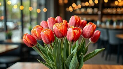 Poster - A vibrant bouquet of orange and pink tulips fills a table in a cozy setting. Natural light filters through large windows, enhancing the warm ambiance of the spring day at the cafe.