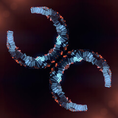Aufkleber - Symmetrical composition of metal rectangles formed into half rings on a dark background with orange light and silver glimmer. 3d rendering digital illustration