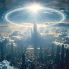 Poster - The megalopolis is very large with towering skyscrapers spanning the entire horizon. In the sky is a technological ring spanning the entire horizon, with the sun shining bright.