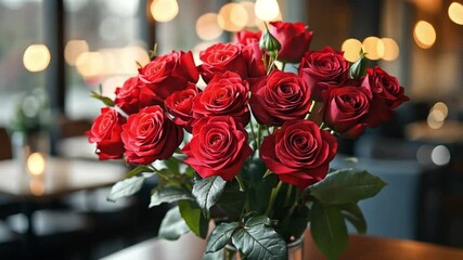 Poster - A stunning bouquet of red roses sits elegantly in a vase at a warm and inviting cafe. Soft lighting enhances the romantic atmosphere, perfect for a Valentine's Day gathering.