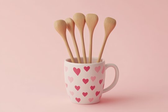 Cute Valentine's Day-themed in a cup with hearts, simple background, 3D illustration style, 2D flat design