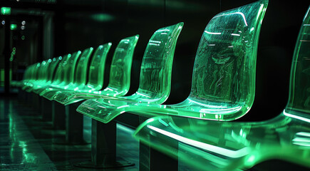 Poster - Transparent green chairs on a bleacher, against black background.
