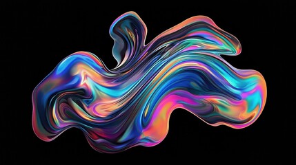 Poster - Abstract fluid iridescent holographic curved wave in motion colorful gradient design on black background