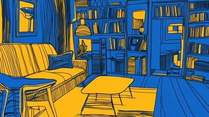 Poster - Cozy Interior Illustration in Bold Yellow and Blue Color Scheme