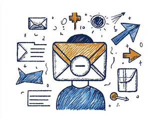Poster - Sketch like freehand of global digital correspondence featuring anonymous user avatar envelope icon and directional arrows with hand drawn textural elements limited color palette
