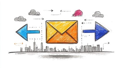 Poster - Conceptual depicting the worldwide digital communication network with an envelope icon and directional arrows in a freehand sketch style  featuring detailed linework  a vivid color palette