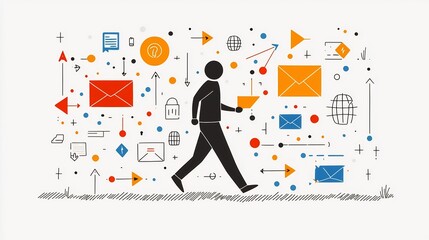 Poster - Minimalist freehand style depicting international digital communication concepts with user silhouette  envelope  and arrow graphics  Clean line art design with high contrast black and white colors