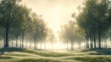 Wall Mural - A serene and minimalistic forest landscape featuring evenly spaced trees under soft, diffused sunlight, creating a tranquil atmosphere and a clean horizon line.