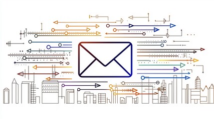 Poster - Sketch like freehand depicting a worldwide digital communication network featuring an envelope icon and dynamic data streams with bold linework a vibrant color palette