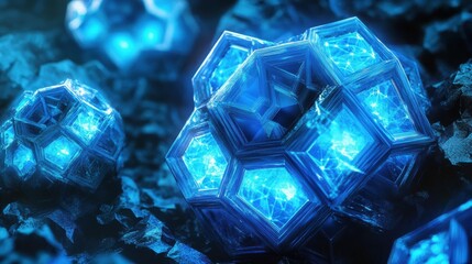 Poster - Generative AI illustration of an abstract blue background with 3d glowing polygonal shapes