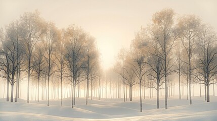 Poster - A serene and minimalistic forest landscape featuring evenly spaced trees under soft, diffused sunlight, creating a tranquil atmosphere and a clean horizon line.