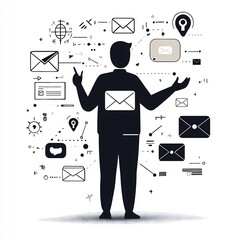 Poster - Conceptual showcasing the minimalist silhouette of a human user gesturing with digital communication icons like mail and data arrows