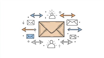 Poster - Minimalist line art depicting global communication and social network concept with freehand user silhouette mail envelope