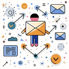 Poster - Conceptual visualization of global digital communication networks  featuring a hand drawn person icon with a mail envelope and crossing directional arrows