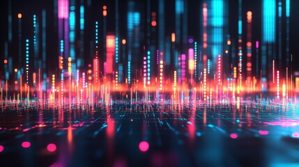Poster - Abstract Technology Background, Glowing Blue And Purple Lights, Big Data Visualization