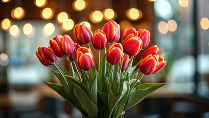 Poster - Vibrant red and yellow tulips are in full bloom, bringing a cheerful touch to a cozy indoor space filled with soft lighting, enhancing the spring atmosphere and inviting relaxation.