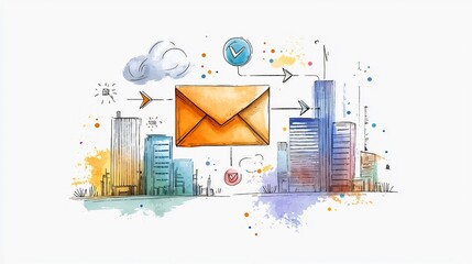 Poster - Conceptual depicting the global reach and interconnectivity of digital communication featuring a freehand sketch style envelope icon and directional arrows